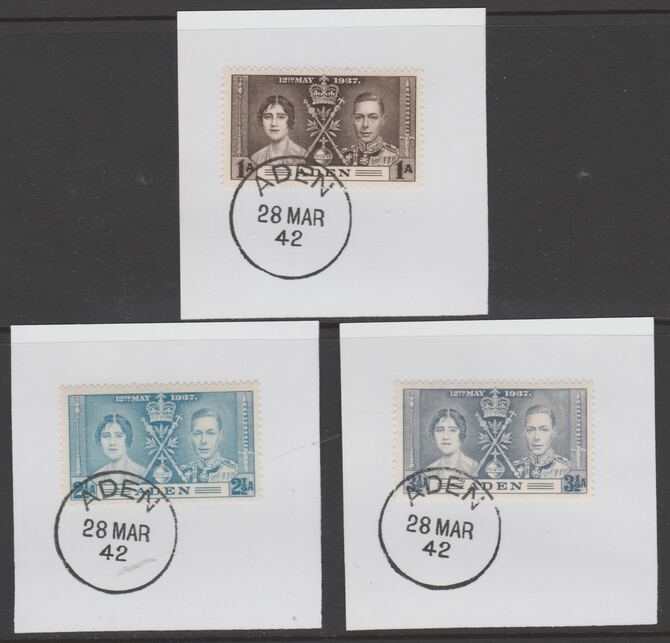 Aden 1937 KG6 Coronation set of 3 each on individual piece cancelled with full strike of Madame Joseph forged postmark type 3, stamps on coronation, stamps on  kg6 , stamps on forgeries