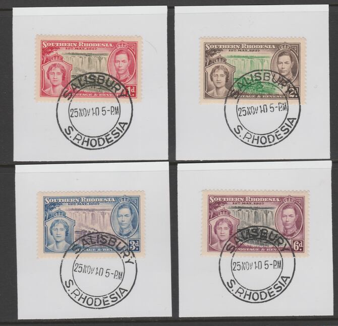 Southern Rhodesia 1937 KG6 Coronation set of 4 each on individual piece cancelled with full strike of Madame Joseph forged postmark type 332, stamps on , stamps on  stamps on coronation, stamps on  stamps on  kg6 , stamps on  stamps on forgeries, stamps on  stamps on railways, stamps on  stamps on waterfalls