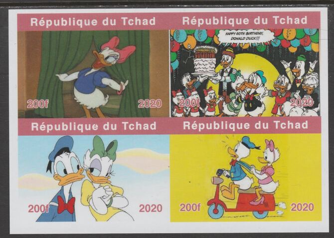 Chad 2020 80th Anniversary of Disney's Daisy Duck imperf sheetlet containing 4 values unmounted mint. Note this item is privately produced and is offered purely on its thematic appeal, stamps on disney, stamps on donald duck, stamps on cartoons