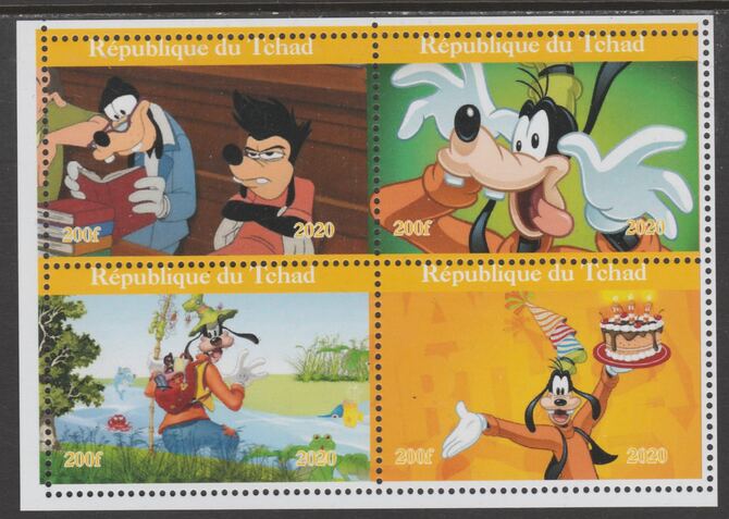 Chad 2020 Disney's Goofy perf sheetlet containing 4 values unmounted mint. Note this item is privately produced and is offered purely on its thematic appeal, stamps on disney, stamps on goofy, stamps on cartoons