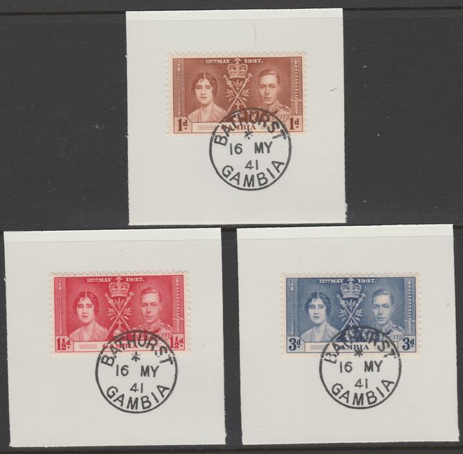 Gambia 1937 KG6 Coronation set of 3 each on individual piece cancelled with full strike of Madame Joseph forged postmark type 174, stamps on , stamps on  stamps on coronation, stamps on  stamps on  kg6 , stamps on  stamps on forgeries