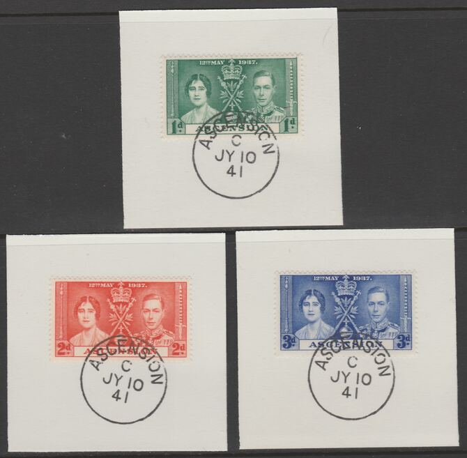 Ascension 1937 KG6 Coronation set of 3 each on individual piece cancelled with full strike of Madame Joseph forged postmark type 26, stamps on coronation, stamps on  kg6 , stamps on forgeries