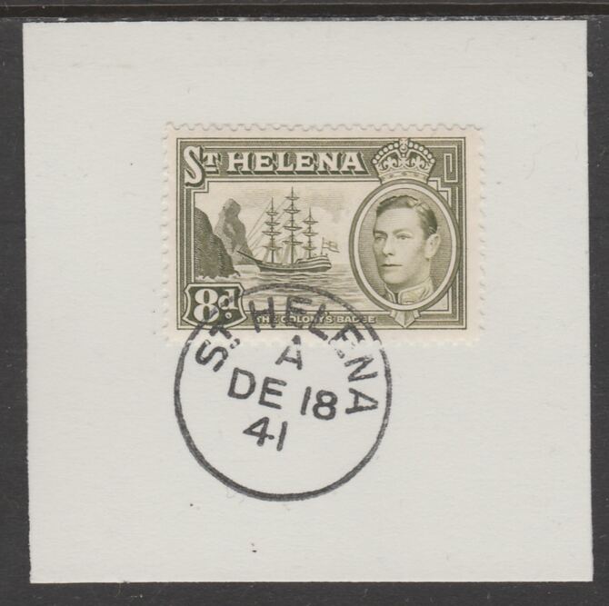 St Helena 1938 KG6 8d sage-green on piece cancelled with full strike of Madame Joseph forged postmark type 344, stamps on , stamps on  kg6 , stamps on forgeries