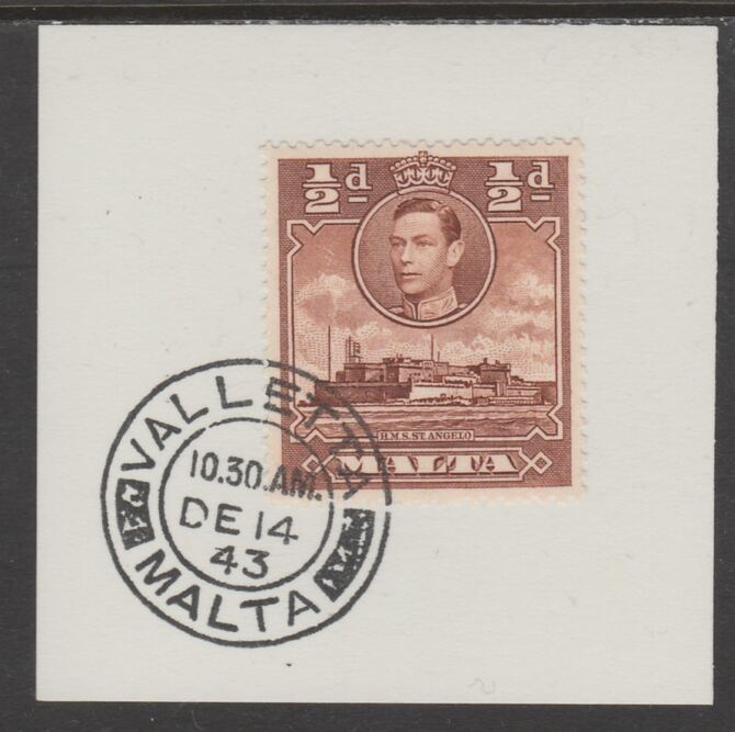Malta 1938 KG6 HMS St Angelo 1/2d red-brown on piece cancelled with full strike of Madame Joseph forged postmark type 250, stamps on , stamps on  kg6 , stamps on forgeries