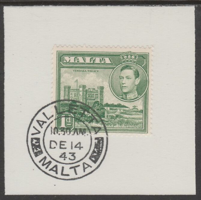 Malta 1938 KG6 Verdala Palace 1d green on piece cancelled with full strike of Madame Joseph forged postmark type 250, stamps on , stamps on  stamps on , stamps on  stamps on  kg6 , stamps on  stamps on forgeries