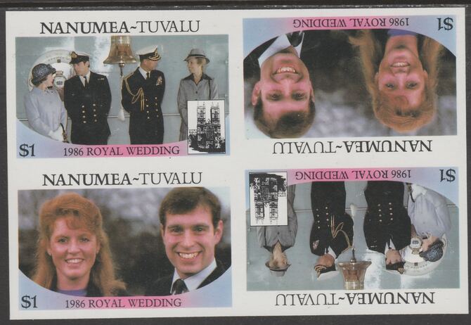 Tuvalu - Nanumea 1986 Royal Wedding (Andrew & Fergie) $1 imperf proof block of 4 (two se-tenant pairs) unmounted mint from an uncut proof sheet and rare thus, stamps on , stamps on  stamps on royalty, stamps on  stamps on andrew, stamps on  stamps on fergie, stamps on  stamps on 