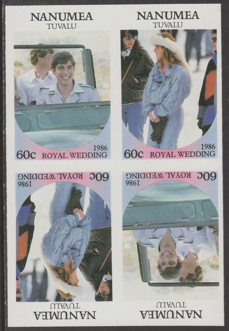 Tuvalu - Nanumea 1986 Royal Wedding (Andrew & Fergie) 60c imperf proof block of 4 (tete-beche se-tenant pairs) unmounted mint from an uncut proof sheet and rare thus, stamps on royalty, stamps on andrew, stamps on fergie, stamps on 