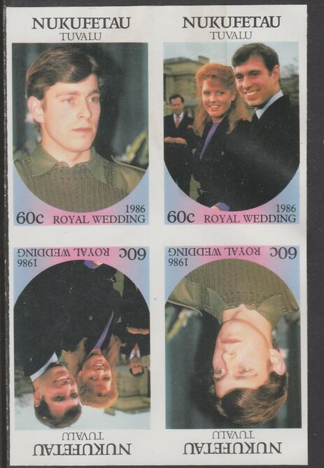 Tuvalu - Nukufetau 1986 Royal Wedding (Andrew & Fergie) 60c imperf proof block of 4 (tete-beche se-tenant pairs) unmounted mint from an uncut proof sheet and rare thus, stamps on royalty, stamps on andrew, stamps on fergie, stamps on 