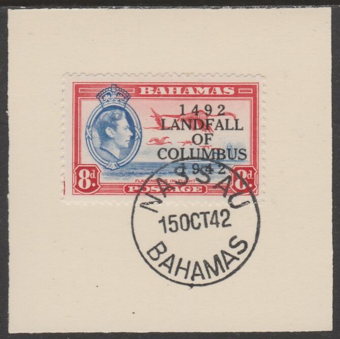 Bahamas 1942 KG6 Landfall of Columbus 8d on individual piece cancelled with full strike of Madame Joseph forged postmark type 37, stamps on , stamps on  stamps on , stamps on  stamps on  kg6 , stamps on  stamps on forgeries.columbus