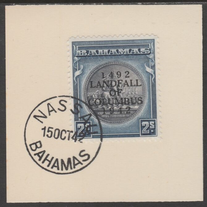 Bahamas 1942 KG6 Landfall of Columbus 2s on individual piece cancelled with full strike of Madame Joseph forged postmark type 37, stamps on , stamps on  kg6 , stamps on forgeries.columbus