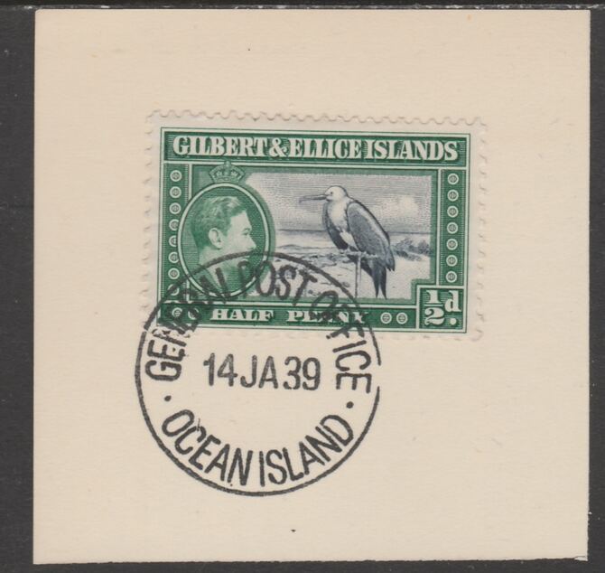 Gilbert & Ellice Islands 1939 KG6 definitive 1/2d Frigate Bird on piece cancelled with full strike of Madame Joseph forged postmark type 191, stamps on , stamps on  stamps on , stamps on  stamps on  kg6 , stamps on  stamps on forgeries, stamps on  stamps on birds