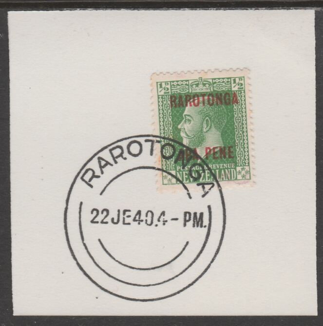 Cook Islands 1919  NZ KG5 1/2d optd Rarotonga on piece cancelled with full strike of Madame Joseph forged postmark type 127, stamps on , stamps on  kg5 , stamps on forgeries
