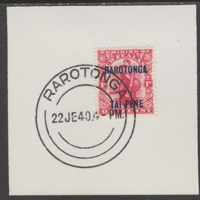 Cook Islands 1919  NZ Dominion 1d optd Rarotonga on piece cancelled with full strike of Madame Joseph forged postmark type 127, stamps on , stamps on  kg5 , stamps on forgeries