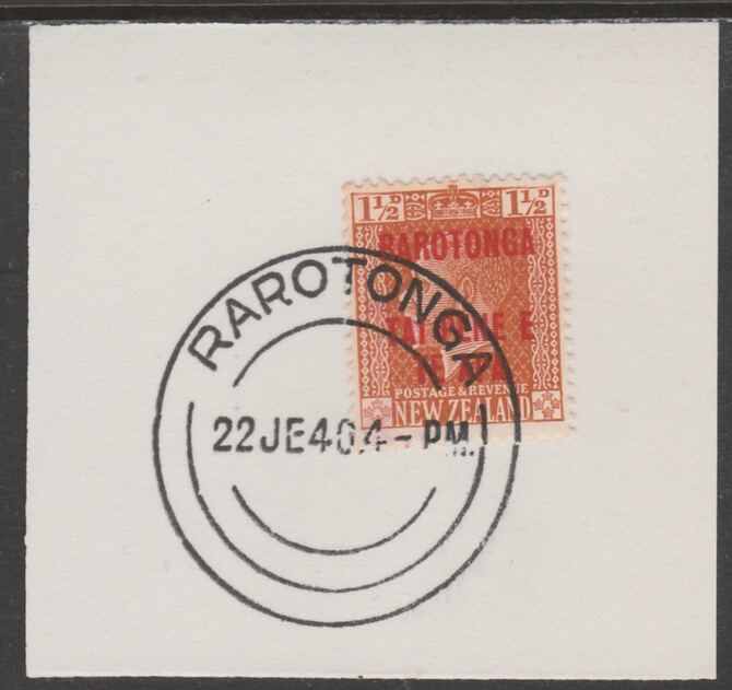 Cook Islands 1919  NZ KG5 1.5d opt'd Rarotonga on piece cancelled with full strike of Madame Joseph forged postmark type 127, stamps on , stamps on  kg5 , stamps on forgeries