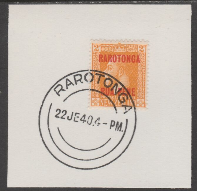 Cook Islands 1919  NZ KG5 2d optd Rarotonga on piece cancelled with full strike of Madame Joseph forged postmark type 127, stamps on , stamps on  kg5 , stamps on forgeries