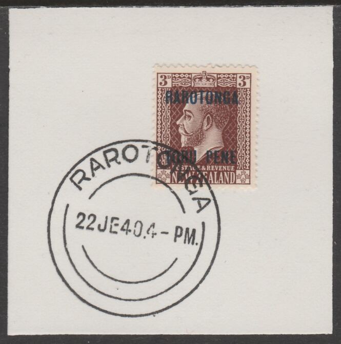 Cook Islands 1919  NZ KG5 3d (horiz shading) optd Rarotonga on piece cancelled with full strike of Madame Joseph forged postmark type 127, stamps on , stamps on  kg5 , stamps on forgeries