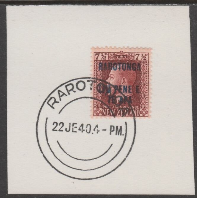 Cook Islands 1919  NZ KG5 7.5d optd Rarotonga on piece cancelled with full strike of Madame Joseph forged postmark type 127, stamps on , stamps on  kg5 , stamps on forgeries
