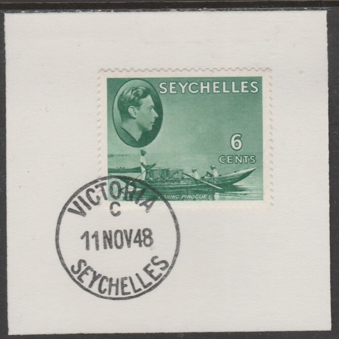 Seychelles 1938 KG6 6c green on piece cancelled with full strike of Madame Joseph forged postmark type 389, stamps on , stamps on  kg6 , stamps on forgeries, stamps on 