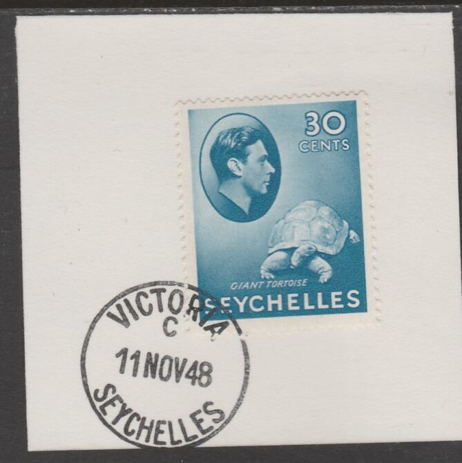 Seychelles 1938 KG6 30c blue on piece cancelled with full strike of Madame Joseph forged postmark type 389, stamps on , stamps on  kg6 , stamps on forgeries, stamps on tortoise