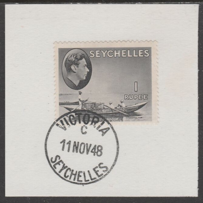 Seychelles 1938 KG6 1r grey-black on piece cancelled with full strike of Madame Joseph forged postmark type 389, stamps on , stamps on  kg6 , stamps on forgeries, stamps on 