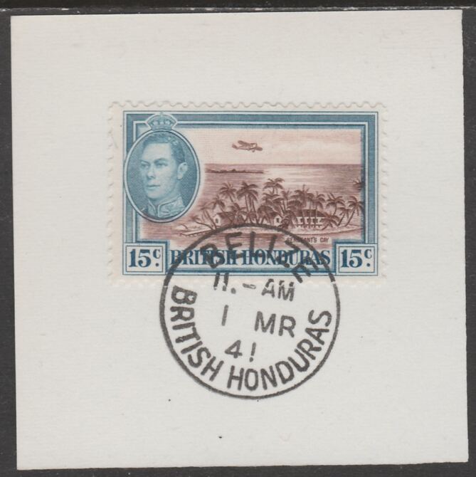 British Honduras 1938 KG6 15c pictorial def on piece cancelled with full strike of Madame Joseph forged postmark type 77, stamps on , stamps on  kg6 , stamps on forgeries
