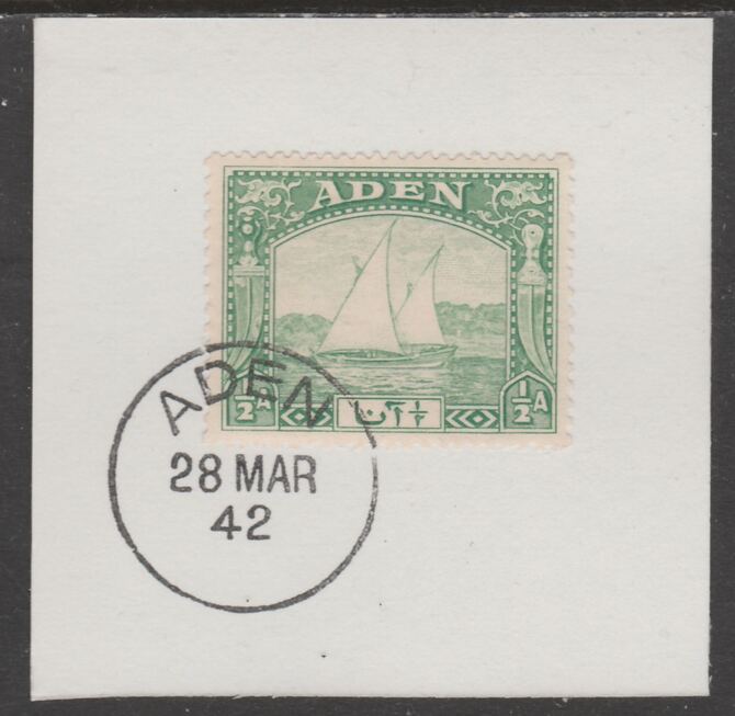 Aden 1937 Dhow 1/2a yellow-green on piece with full strike of Madame Joseph forged postmark type 1 or type 3, stamps on , stamps on  kg6 , stamps on forgeries, stamps on ships