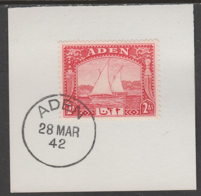 Aden 1937 Dhow 2a scarlet on piece with full strike of Madame Joseph forged postmark type 1 or type 3, stamps on , stamps on  kg6 , stamps on forgeries, stamps on ships