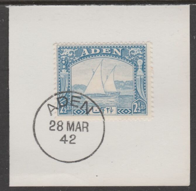 Aden 1937 Dhow 2.5a bright blue on piece with full strike of Madame Joseph forged postmark type 1 or type 3, stamps on , stamps on  kg6 , stamps on forgeries, stamps on ships