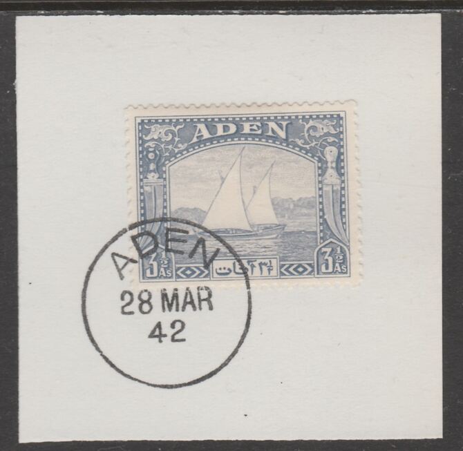 Aden 1937 Dhow 3.5a grey-blue on piece with full strike of Madame Joseph forged postmark type 1 or type 3, stamps on , stamps on  kg6 , stamps on forgeries, stamps on ships