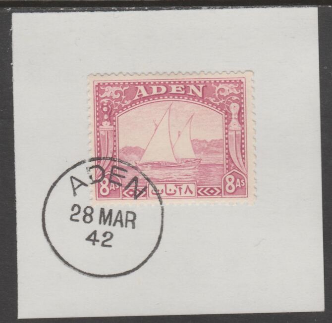 Aden 1937 Dhow 8a pale purple on piece with full strike of Madame Joseph forged postmark type 1 or type 3, stamps on , stamps on  kg6 , stamps on forgeries, stamps on ships