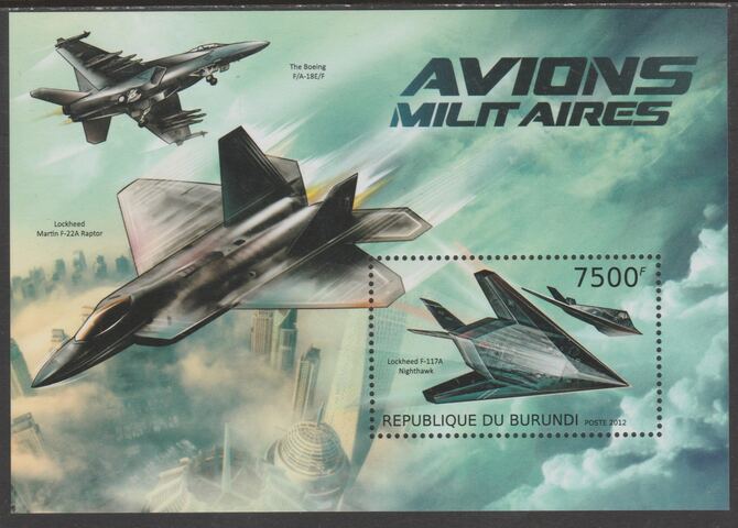 Burundi 2012 Military Aircraft perf souvenir sheet containing 1 value unmounted mint., stamps on aviation, stamps on transport