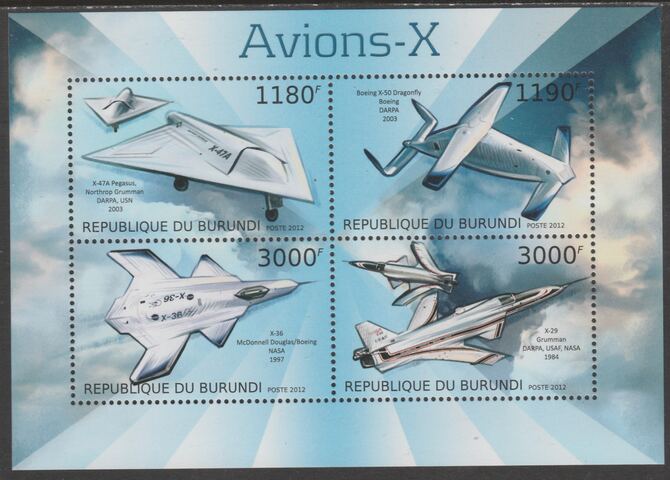 Burundi 2012 Experimental Aircraft perf sheetlet containing 4 values unmounted mint., stamps on aviation, stamps on transport
