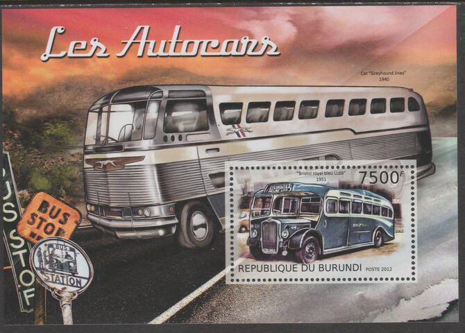 Burundi 2012 Public Transport perf souvenir sheet containing 1 value unmounted mint., stamps on , stamps on  stamps on buses, stamps on  stamps on coaches, stamps on  stamps on transport