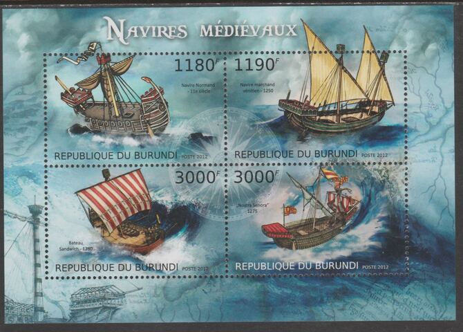 Burundi 2012 Early Ships perf sheetlet containing 4 values unmounted mint., stamps on ships, stamps on 