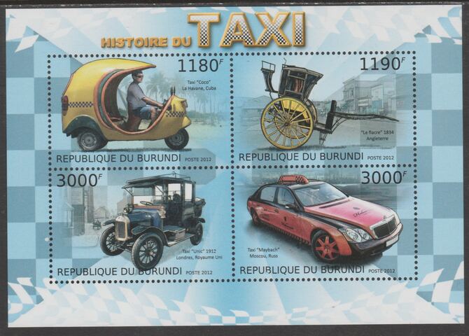 Burundi 2012 Taxi Cabs perf sheetlet containing 4 values unmounted mint., stamps on , stamps on  stamps on taxis, stamps on  stamps on transport