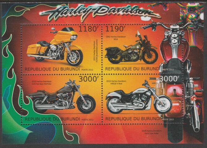 Burundi 2012 Harley Davidson Motorcycles perf sheetlet containing 4 values unmounted mint., stamps on motorcycles, stamps on transport