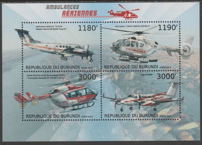 Burundi 2012 Air Ambulances perf sheetlet containing 4 values unmounted mint., stamps on , stamps on  stamps on aviation, stamps on  stamps on transport, stamps on  stamps on helicopters, stamps on  stamps on medical