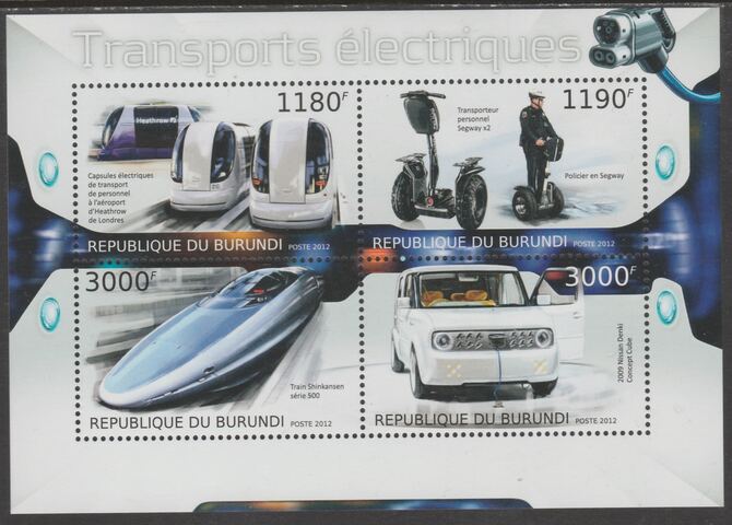 Burundi 2012 Electronic Transport perf sheetlet containing 4 values unmounted mint., stamps on railways, stamps on transport, stamps on cars