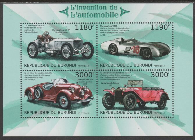 Burundi 2012 Invention of the Automobile perf sheetlet containing 4 values unmounted mint., stamps on , stamps on transport, stamps on cars