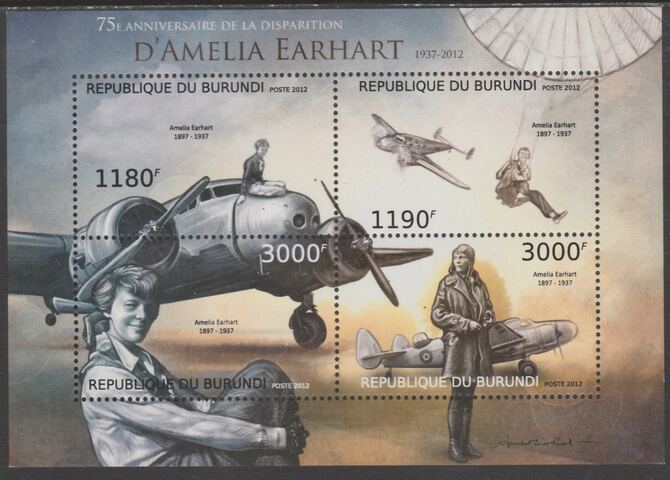 Burundi 2012 Amelia Earhart perf sheetlet containing 4 values unmounted mint., stamps on aviation, stamps on earhart, stamps on women, stamps on parachutes