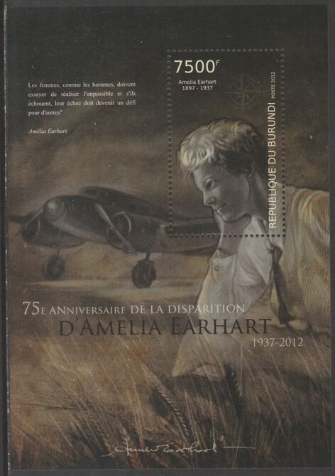Burundi 2012 Amelia Earhart perf souvenir sheet containing 1 value unmounted mint., stamps on , stamps on  stamps on aviation, stamps on  stamps on earhart, stamps on  stamps on women, stamps on  stamps on parachutes