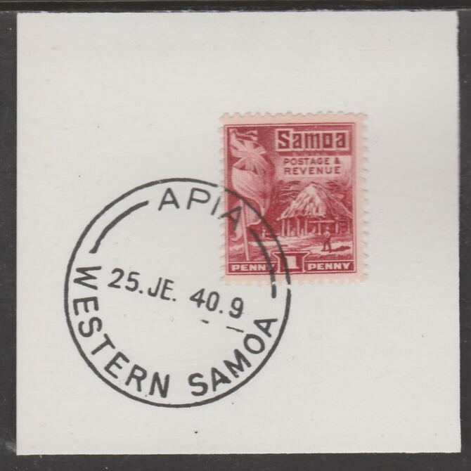 Samoa 1921 Native Hut 1d lake on piece cancelled with full strike of Madame Joseph forged postmark type 376, stamps on , stamps on  kg5 , stamps on forgeries, stamps on 