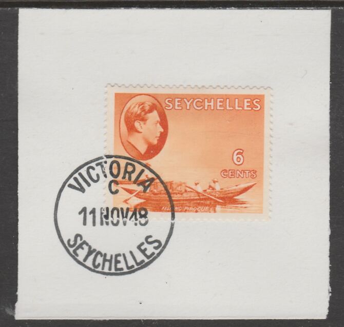 Seychelles 1938 KG6 6c orange on piece cancelled with full strike of Madame Joseph forged postmark type 389, stamps on , stamps on  kg6 , stamps on forgeries, stamps on 