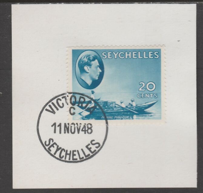 Seychelles 1938 KG6 20c blue on piece cancelled with full strike of Madame Joseph forged postmark type 389, stamps on , stamps on  kg6 , stamps on forgeries, stamps on 