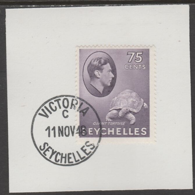 Seychelles 1938 KG6 75c lilac on piece cancelled with full strike of Madame Joseph forged postmark type 389, stamps on , stamps on  kg6 , stamps on forgeries, stamps on 