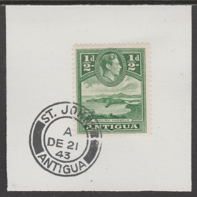 Antigua 1938 KG6 1/2d green on piece with full strike of Madame Joseph forged postmark type 18, stamps on , stamps on  kg6 , stamps on forgeries