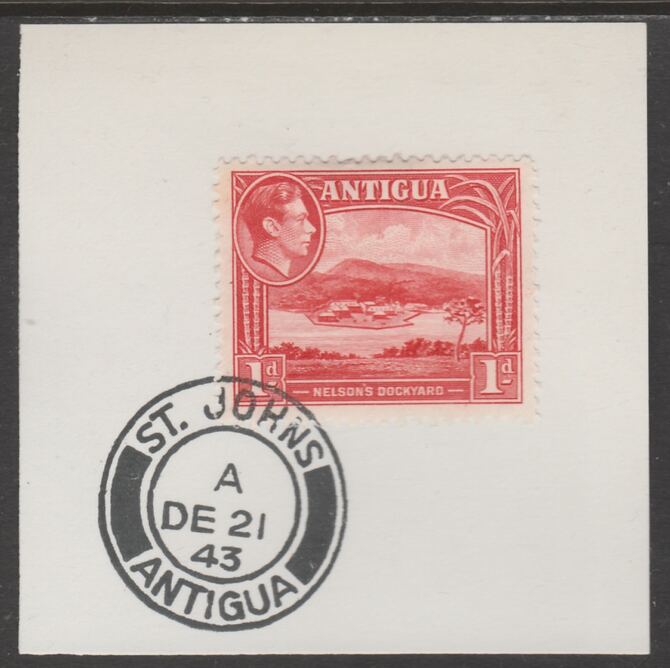 Antigua 1938 KG6 1d scarlet on piece with full strike of Madame Joseph forged postmark type 18, stamps on , stamps on  kg6 , stamps on foprgeries
