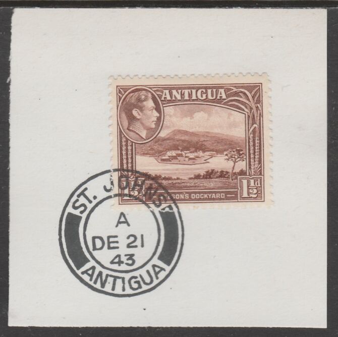 Antigua 1938 KG6 1.5d brown on piece with full strike of Madame Joseph forged postmark type 18, stamps on , stamps on  kg6 , stamps on foprgeries