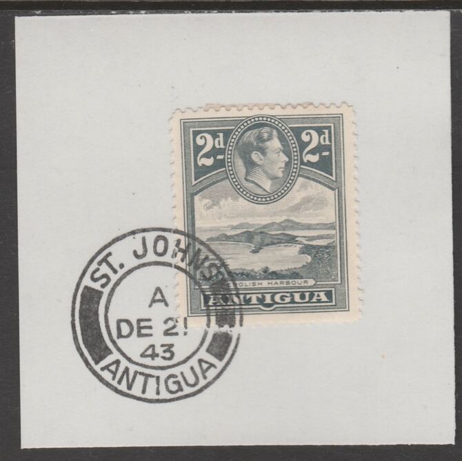 Antigua 1938 KG6 2d grey on piece with full strike of Madame Joseph forged postmark type 18, stamps on , stamps on  kg6 , stamps on foprgeries