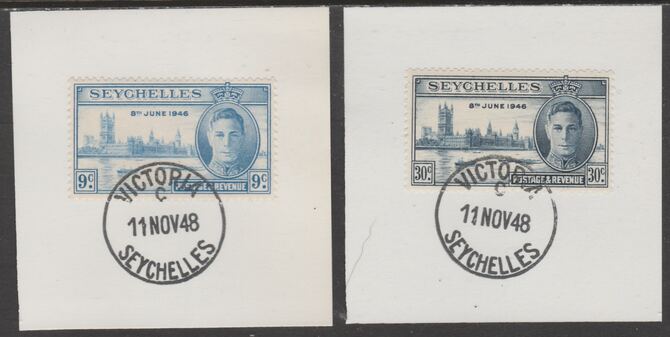 Seychelles 1946 KG6 Victory set of 2 each on individual piece cancelled with full strike of Madame Joseph forged postmark type 158, stamps on , stamps on  kg6 , stamps on forgeries, stamps on  ww2 , stamps on london